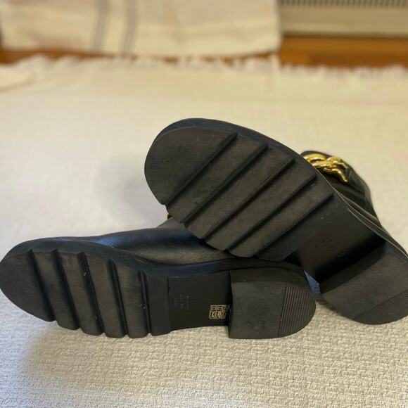 Stuart Weitzman Gold Chain Lift Leather Boot Black Lug Sole Moto Combat - Picture 5 of 8